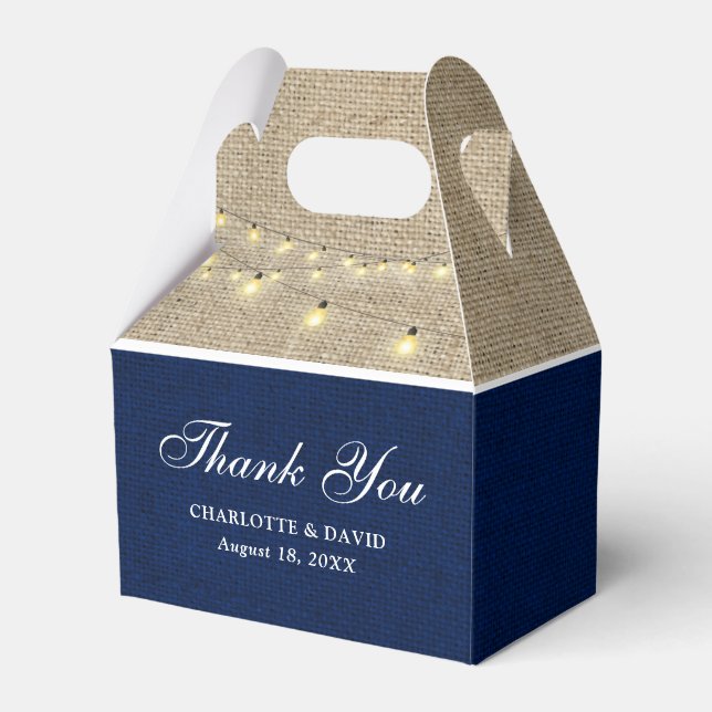 Rustic Country Navy Blue Burlap Wedding Thank You Favor Box (Front Side)