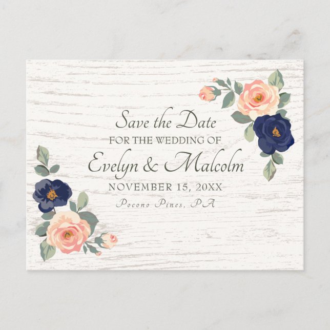 Rustic Country Navy Blue, Peach Floral Wedding STD Announcement Postcard (Front)