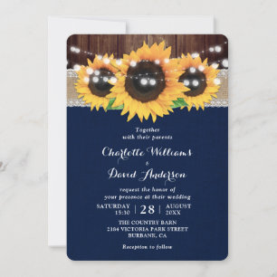 Rustic Country Navy Blue Sunflower Barn Wedding Invitation