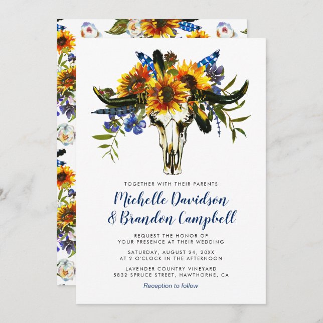 Rustic Country Navy Blue Sunflower Boho Wedding Invitation (Front/Back)