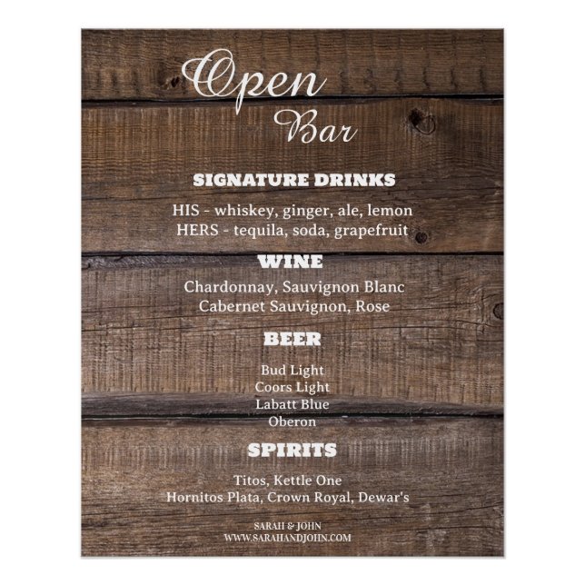 Rustic Country Open Bar Sign Business Wedding  (Front)