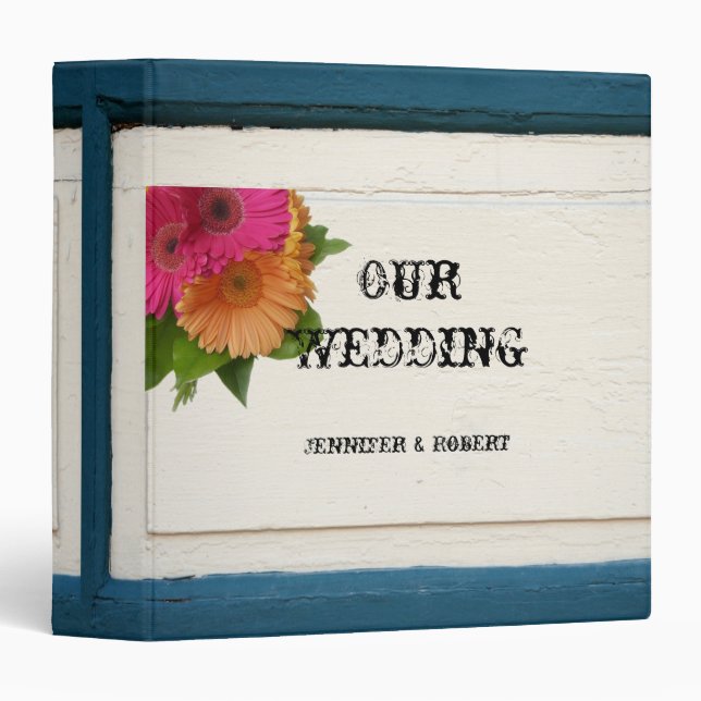 Rustic Country Painted Wood Daisies Wedding Album Binder (Front/Spine)