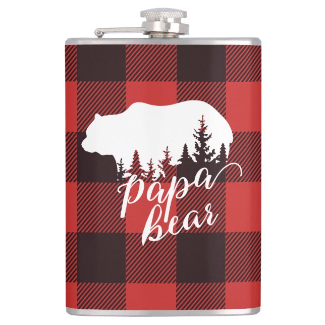 Rustic Country Papa Bear Flannel Plaid Hip Flask (Front)