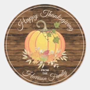 Rustic Country Personalized Happy Thanksgivng Classic Round Sticker