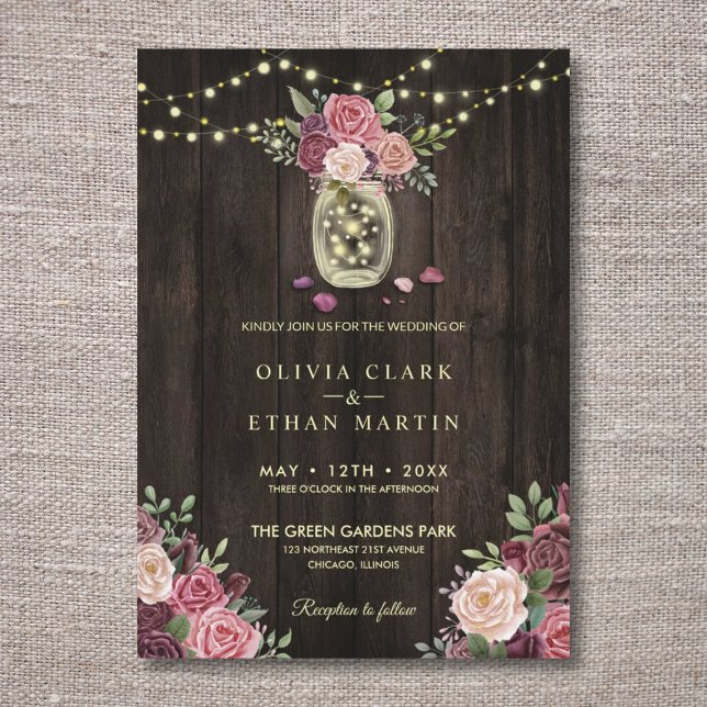 Rustic Country Pink Floral Mason Jars Dark Wood Invitation (Creator Uploaded)