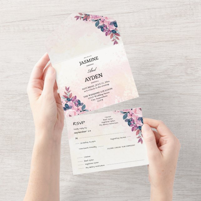 Rustic Country Pinkflower Wedding All-in-One Invit All In One Invitation (Tearaway)