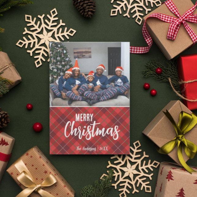 Rustic Country Plaid Merry Christmas Family Photo Holiday Card (Creator Uploaded)