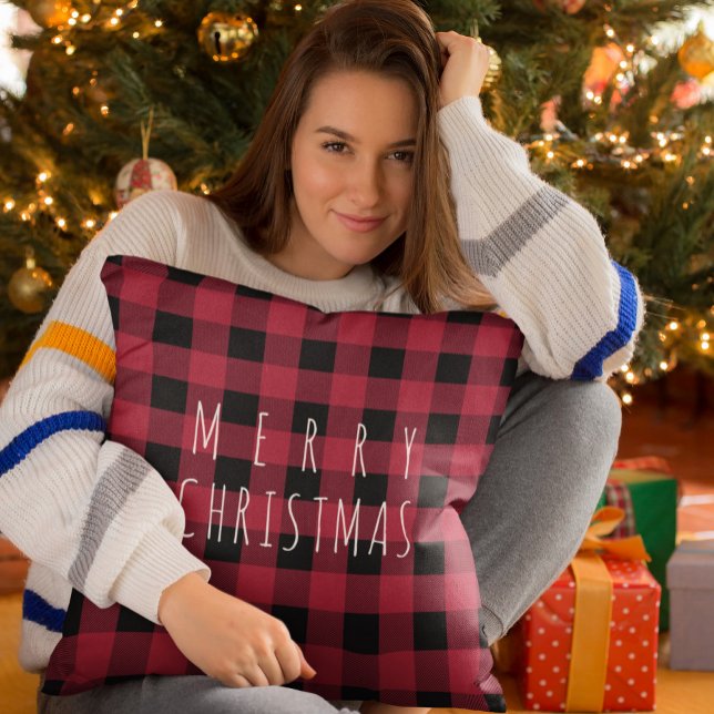 Rustic Country Plaid Merry Christmas Throw Pillow (Creator Uploaded)