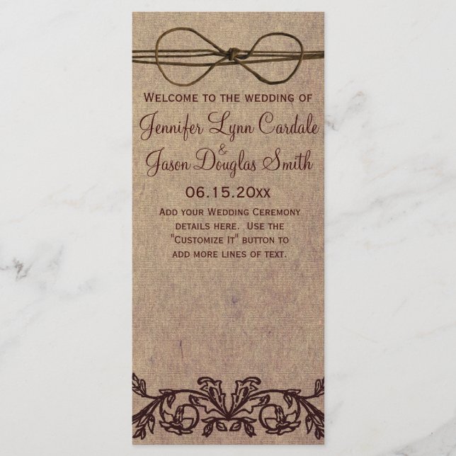 Rustic Country Printed Twine Bow Wedding Program (Front)