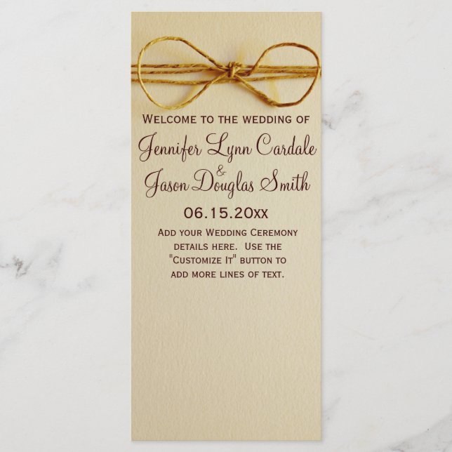 Rustic Country Printed Twine Bow Wedding Program (Front)