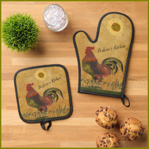 Rustic Country Proud Rooster Personalized Name Oven Mitt & Pot Holder Set