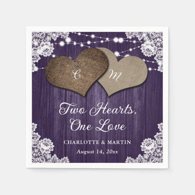 Rustic Country Purple Wood Burlap Lace Wedding Napkin (Front)