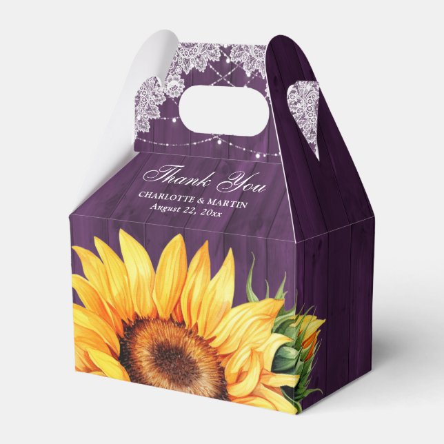 Rustic Country Purple Wood Sunflower Wedding Favor Box (Front Side)