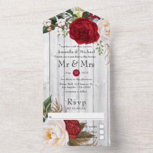 Rustic Country Red and White Boho Floral Wedding All In One Invitation