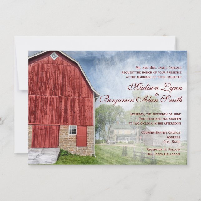 Rustic Country Red Barn Farm Wedding Invitations (Front)