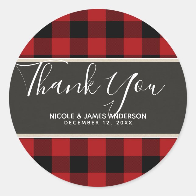 Rustic Country Red Black Buffalo Plaid Modern Classic Round Sticker (Front)