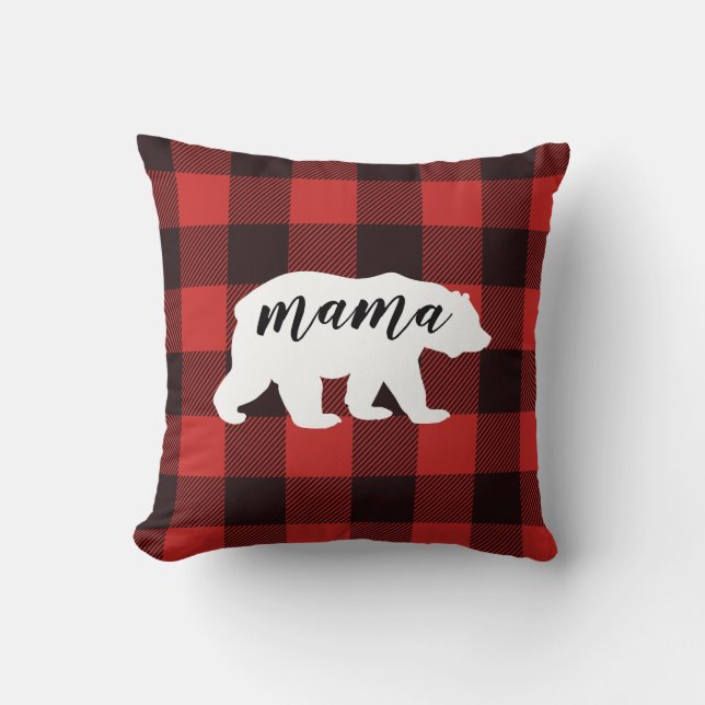 Rustic Country Red & Black Flannel Mama Bear Throw Pillow (Front)
