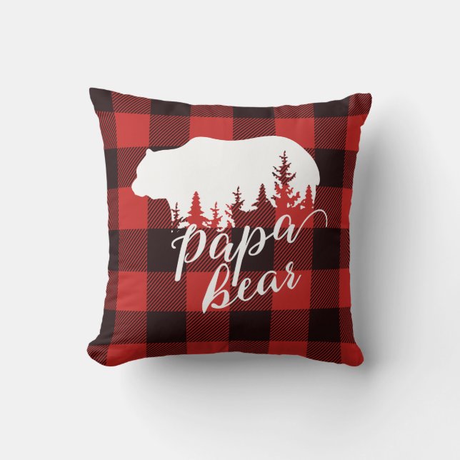 Rustic Country Red & Black Flannel Papa Bear Throw Pillow (Front)