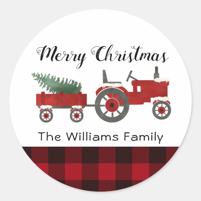 Rustic Country Red Buffalo Plaid Christmas Round   Classic Round Sticker (Front)