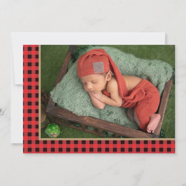 Rustic Country Red Check Adventure Begins Baby Announcement (Front)