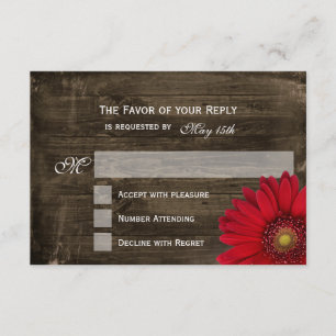 Rustic Country Red Daisy Wood Wedding Cartes RSVP