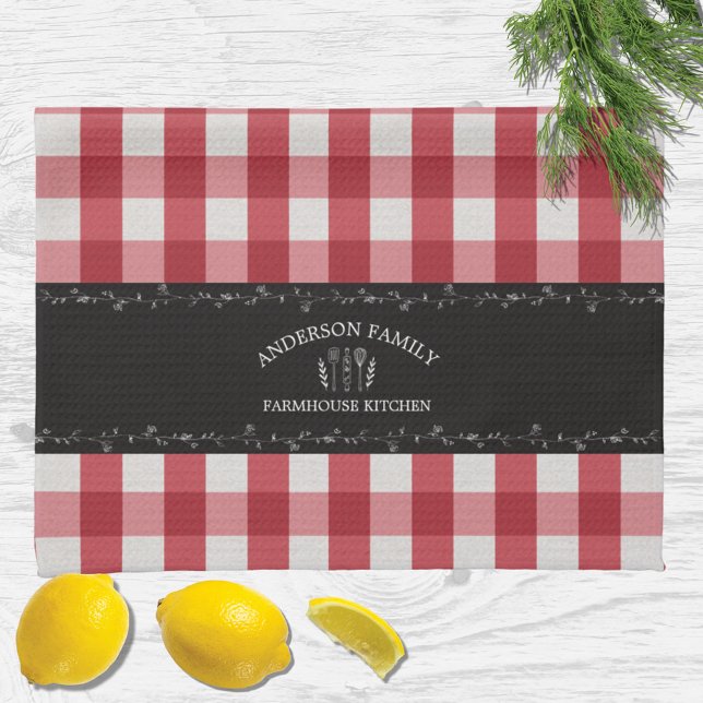 Rustic Country Red Gingham Black Chalkboard Kitchen Towel (In situ)