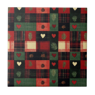 Rustic Country Red Green Plaid Hearts Kitchen Tile