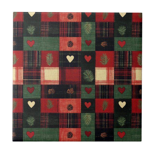 Rustic Country Red Green Plaid Hearts Kitchen Tile (Front)