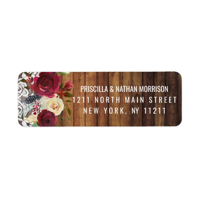 Rustic Country Red Ivory Floral Lace Wood Adresse (Devant)