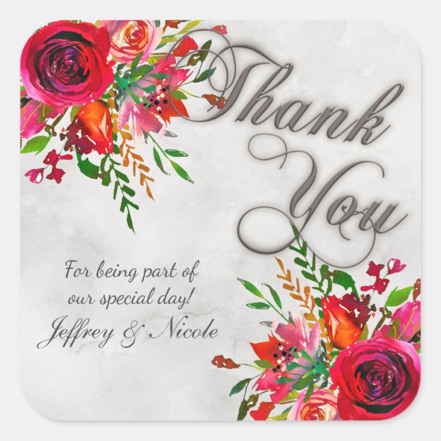 Rustic Country Red Roses Spring Wedding Square Sticker (Front)