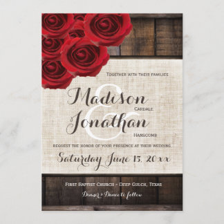 Rustic Country Red Roses Wood Wedding Invitations