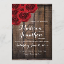 Rustic Country Red Roses Wood Wedding Invitations