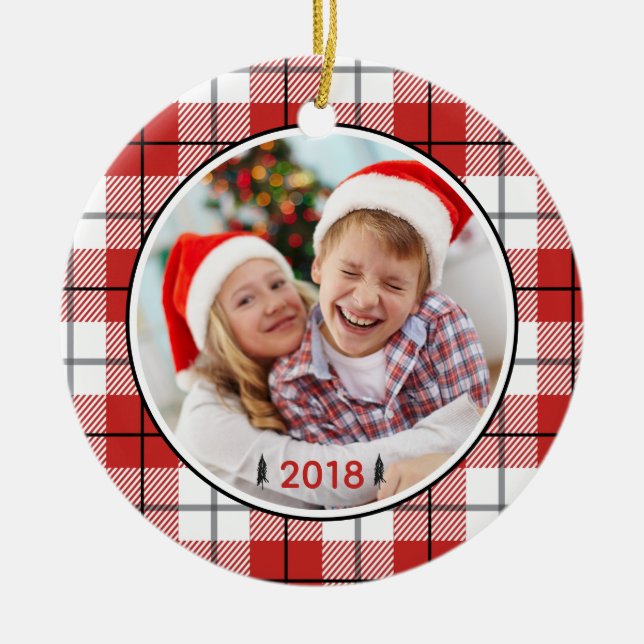 Rustic Country Red White & Black Flannel Pattern Ceramic Ornament (Front)