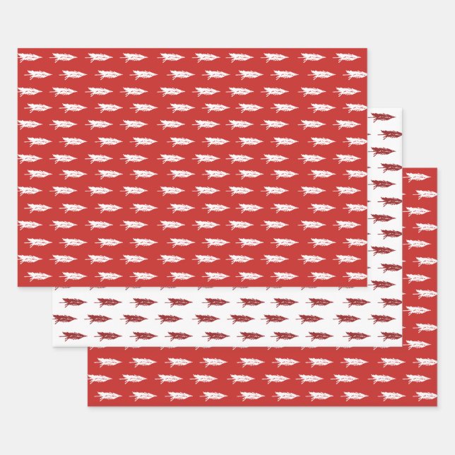Rustic Country Red & White Christmas Tree Pattern Wrapping Paper Sheet (Set)