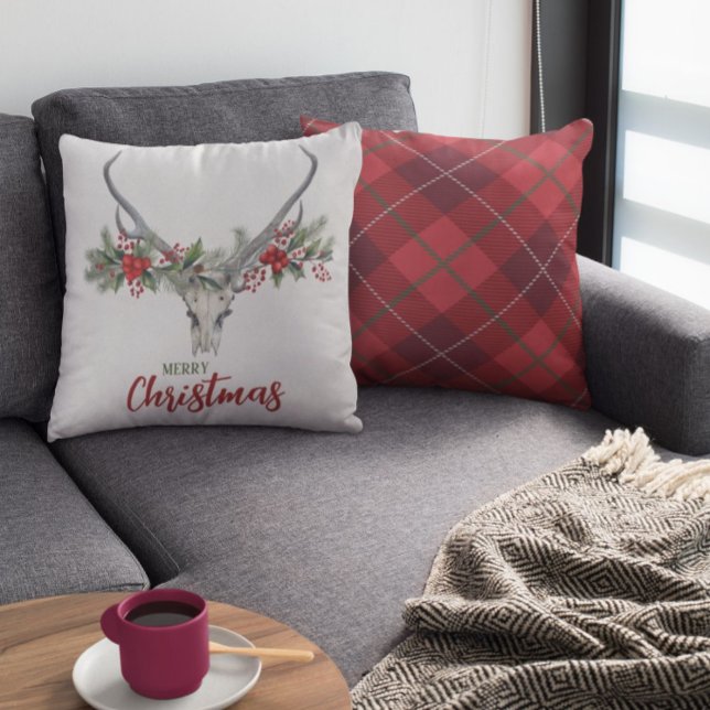 Rustic Country Reindeer Skull Plaid Christmas Throw Pillow (Creator Uploaded)