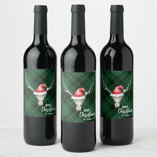 Rustic Country Reindeer Skull & Santa Ha Christmas Wine Label (Bottles)