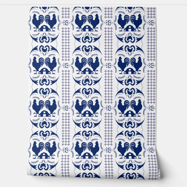 Rustic Country Rooster and Barn Pattern Blue White Wallpaper (Unrolling)