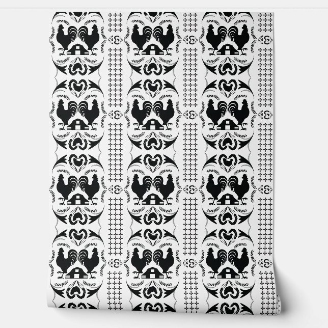 Rustic Country Rooster and Barn Pattern -- BW Wallpaper (Unrolling)