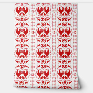 Rustic Country Rooster and Barn Pattern Red White Wallpaper
