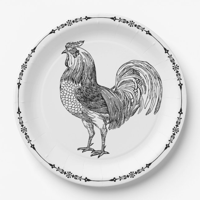 Rustic Country Rooster Black and White Paper Plate (Front)