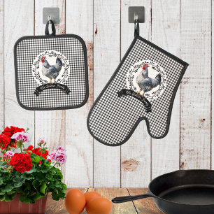 Rustic Country Rooster Chicken BW Gingham Checks Oven Mitt & Pot Holder Set