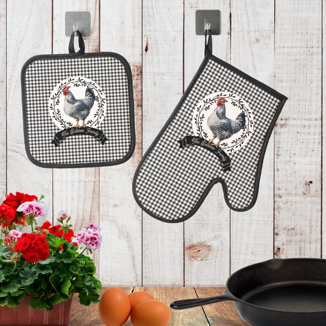 Rustic Country Rooster Chicken BW Gingham Checks Oven Mitt & Pot Holder Set (Rustic Country Rooster Chicken BW Gingham Checks Family Name Oven Mitt and Pot Holder Set)