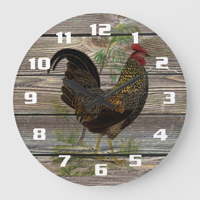 Rustic Country Rooster Kitchen Large Clock (Front)