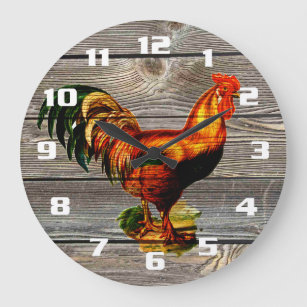 Rustic Country Rooster Kitchen Large Clock