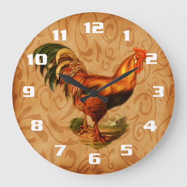 Rustic Country Rooster Kitchen Large Clock (Front)