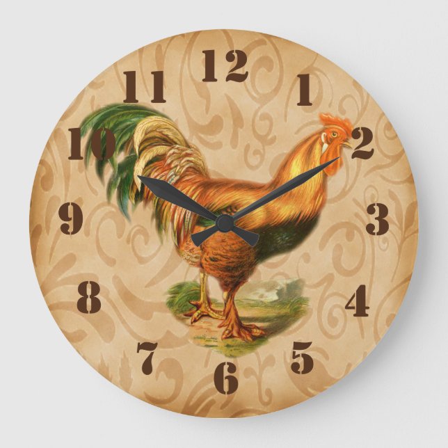 Rustic Country Rooster Ornate Kitchen Large Clock (Front)