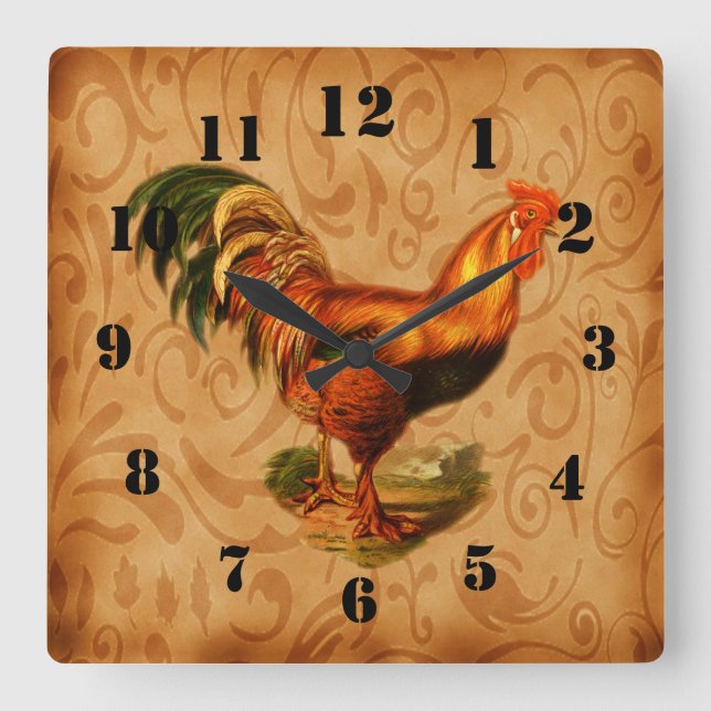 Rustic Country Rooster Ornate Square Wall Clock (Front)