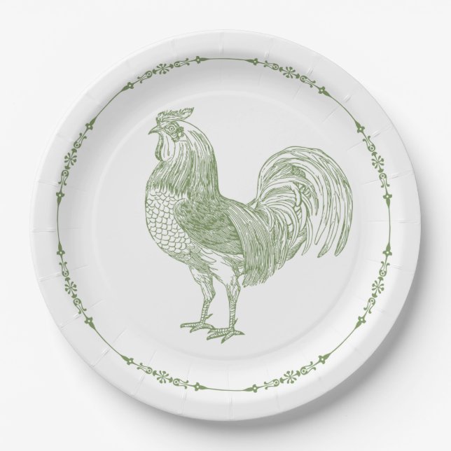Rustic Country Rooster Sage Green Paper Plate (Front)