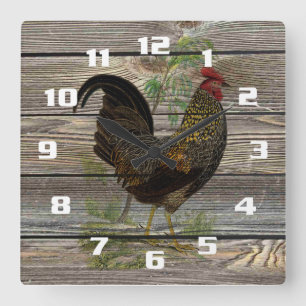 Rustic Country Rooster Square Wall Clock