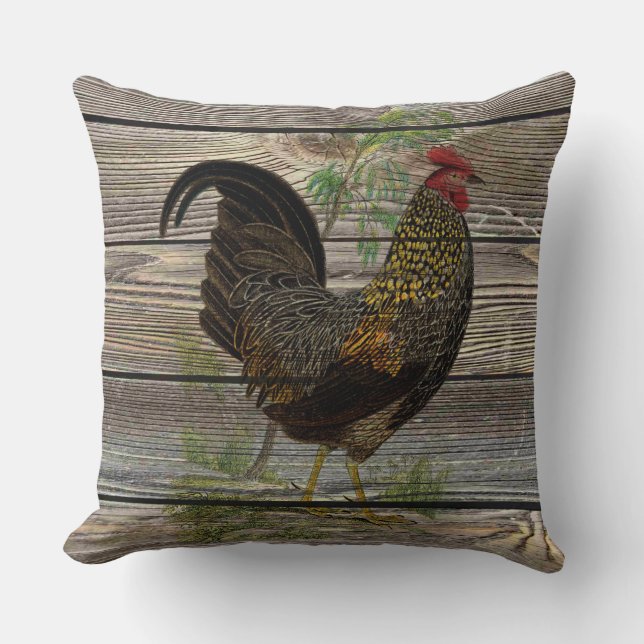 Rustic Country Rooster Throw Pillow (Front)